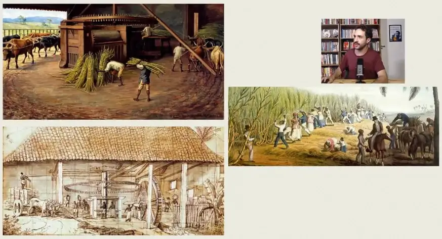 Montagem de pinturas históricas retratando o ciclo do açúcar e o trabalho escravo em engenhos no Brasil Colônia, apresentada durante uma vídeo-aula com o professor Gustavo Gaiofato no canto superior direito.