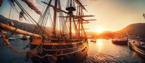 Fotografia de uma paisagem de floresta tropical densa e intocada, com naus à frente navegando no mar, ilustrando a Mata Atlântica original no Brasil, que foi alvo da exploração extrativista no Brasil Pré-Colonial.