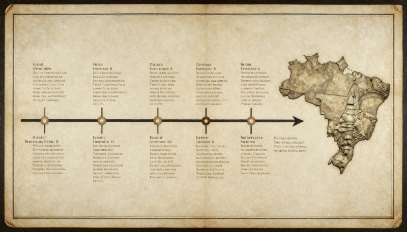Ilustração em estilo pergaminho antigo mostrando uma linha do tempo do Brasil com marcos cronológicos horizontais e um mapa do país em relevo à direita.