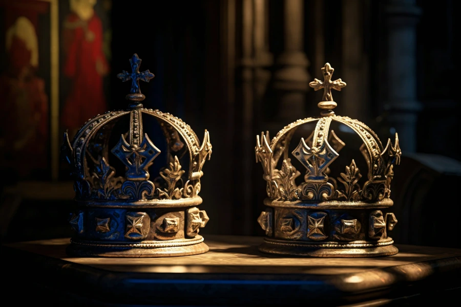 Duas coroas de rei e rainha em cima de uma mesa representando o Brasil Imperial.