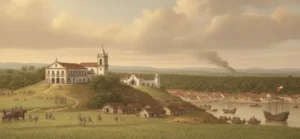 Ilustração do Brasil Colonial mostrando dezenas de pessoas negras escravizadas colhendo cana-de-açúcar sob a vigia de um feitor a cavalo. Ao fundo, destacam-se a casa grande, uma igreja católica e navios ancorados no porto.