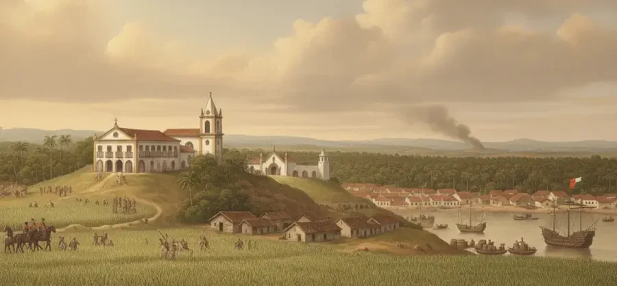 Ilustração do Brasil Colonial mostrando dezenas de pessoas negras escravizadas colhendo cana-de-açúcar sob a vigia de um feitor a cavalo. Ao fundo, destacam-se a casa grande, uma igreja católica e navios ancorados no porto.