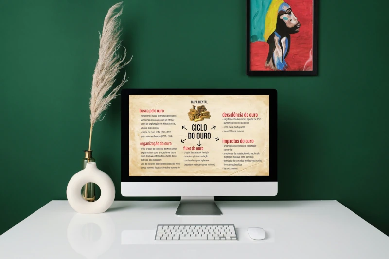 Mapa mental de Brasil Colonial na tela de um notebook. O notebook está em cima de uma mesa branca com efeites, ao fundo uma parede verde e um quadro colorido pendurado.