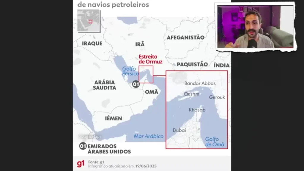 Infográfico do portal G1 datado de 19/06/2025 que detalha a localização estratégica do Estreito de Ormuz, o Irã e o Golfo Pérsico, relevante para analisar cenários de um ataque ao Irã.