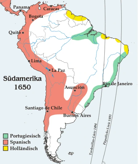 Mapa político da América do Sul em 1650 mostrando a colonização de Portugal, Espanha e Holanda. O mapa destaca o Tratado de Tordesilhas (1494) e a Linha Papal (Bula Intercoetera de 1493) como fronteiras astronômicas, contrastando com as áreas coloridas que indicam a ocupação territorial efetiva na época, incluindo o domínio holandês no Nordeste brasileiro.