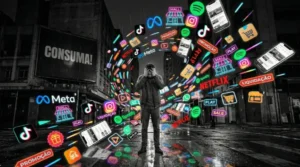 Ilustração conceitual da sociedade do consumo: um homem em preto e branco expressa exaustão no centro de uma metrópole cinzenta, cercado por um turbilhão vibrante e colorido de ícones de redes sociais, logos de streamings e anúncios de 'liquidação'. Ao fundo, um grande outdoor exibe a ordem 'CONSUMA!', simbolizando o bombardeio do marketing digital e o encurtamento das perspectivas humanas.
