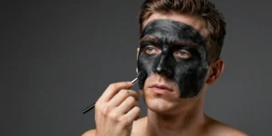 Fotografia em primeiro plano de um homem branco de pele clara, com cabelos loiros e olhos azuis, aplicando maquiagem preta opaca no próprio rosto com um pincel cosmético, representando o blackface. Cerca de metade do seu rosto está coberta pelo pigmento preto rough, enquanto a outra metade mostra sua pele natural. Ele olha para o lado com uma expressão séria e focada. O fundo é um cenário de estúdio cinza escuro neutro.