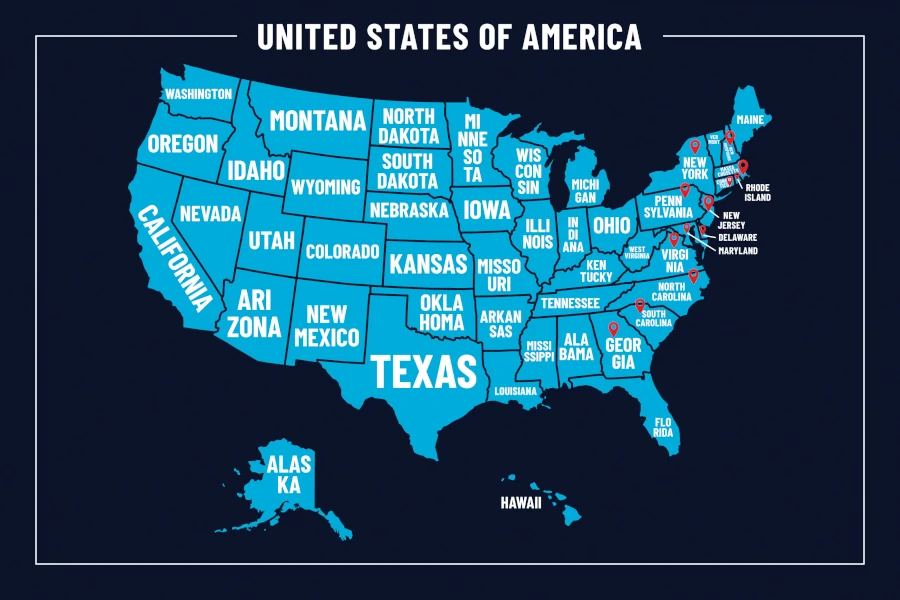 Mapa ilustrativo dos Estados Unidos com divisões estaduais em azul vibrante e fundo escuro. Os nomes dos estados estão escritos em branco, com destaque para o Texas em tamanho maior, e pins vermelhos marcam as localizações das Treze Colônias na costa leste.