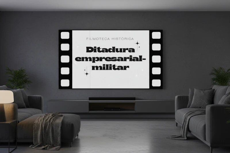 Sala ampla, com luz baixa e na TV, a capa da Filmoteca História com indicações de filmes sobre a ditadura empresarial-militar.