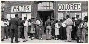 Fotografia histórica em preto e branco de um grupo de estudantes negros em frente a um edifício de tijolos. Na fachada, há duas placas distintas: uma à esquerda indicando a entrada para pessoas brancas ('WHITES') e outra à direita para pessoas negras ('COLORED'), exemplificando visualmente o sistema de segregação racial nos EUA durante a vigência das leis Jim Crow.