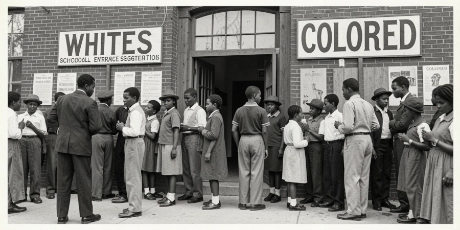 Fotografia histórica em preto e branco de um grupo de estudantes negros em frente a um edifício de tijolos. Na fachada, há duas placas distintas: uma à esquerda indicando a entrada para pessoas brancas ('WHITES') e outra à direita para pessoas negras ('COLORED'), exemplificando visualmente o sistema de segregação racial nos EUA durante a vigência das leis Jim Crow.