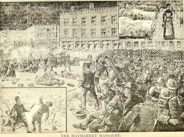 Gravura histórica em preto e branco ilustrando o Massacre de Haymarket em Chicago, 1886. A imagem mostra o conflito violento entre policiais e trabalhadores durante as manifestações pela redução da jornada de trabalho para 8 horas diárias.