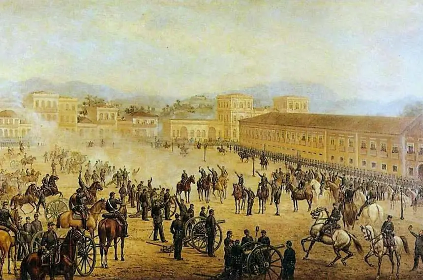 Pintura de Benedito Calixto retrata a Proclamação da República, em 15 de novembro de 1889, liderada pelo marechal Deodoro da Fonseca, iniciando o período da República Velha. Fonte: Agência Senado