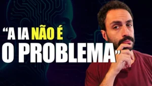 Gustavo Gaiofato no canto direito da imagem com a mão no queixo e expressão pensativa. Ao fundo do lado esquerdo, vemos a cabeça de um robô humanóide. Em primeiro plano está a escrita "A IA não é o problema", representando os reais problemas da inteligência artificial.