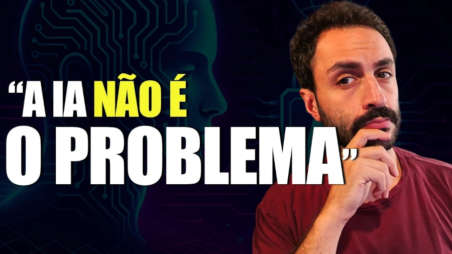 Gustavo Gaiofato no canto direito da imagem com a mão no queixo e expressão pensativa. Ao fundo do lado esquerdo, vemos a cabeça de um robô humanóide. Em primeiro plano está a escrita "A IA não é o problema", representando os reais problemas da inteligência artificial.