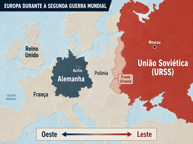 Representação ilustrativa da Europa durante a Segunda Guerra Mundial, destacando a Alemanha a oeste e a União Soviética a leste, com indicação aproximada da Frente Oriental. Não se trata de um mapa histórico oficial.