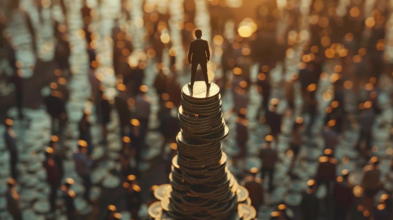 Em primeiro plano há um homem em pé em cima de um bloco gigante de moedas representando a acumulação de capital no capitalismo. Ele olha de cima para as pessoas de baixo, que representam a classe trabalhadora. A imagem demonstra as diferenças entre capitalismo, socialismo e comunismo.